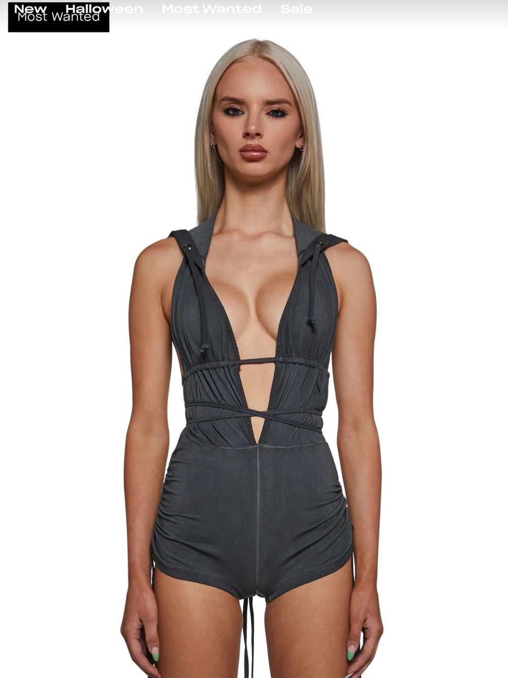 Dolls Kill Deep V Hooded Sleeveless Bodysuit in Charcoal